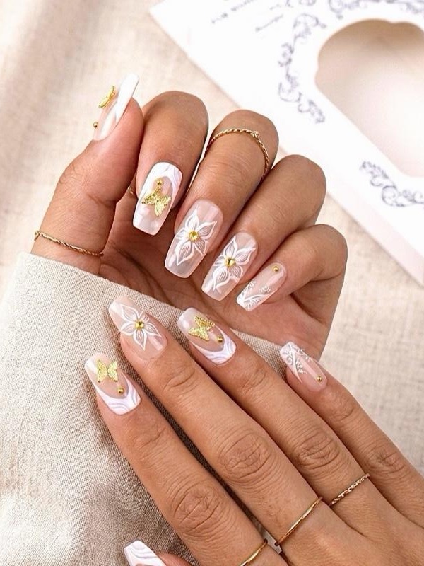 Premium White Floral Butterfly Press-On Nails - Elegant Women Makeup Accent